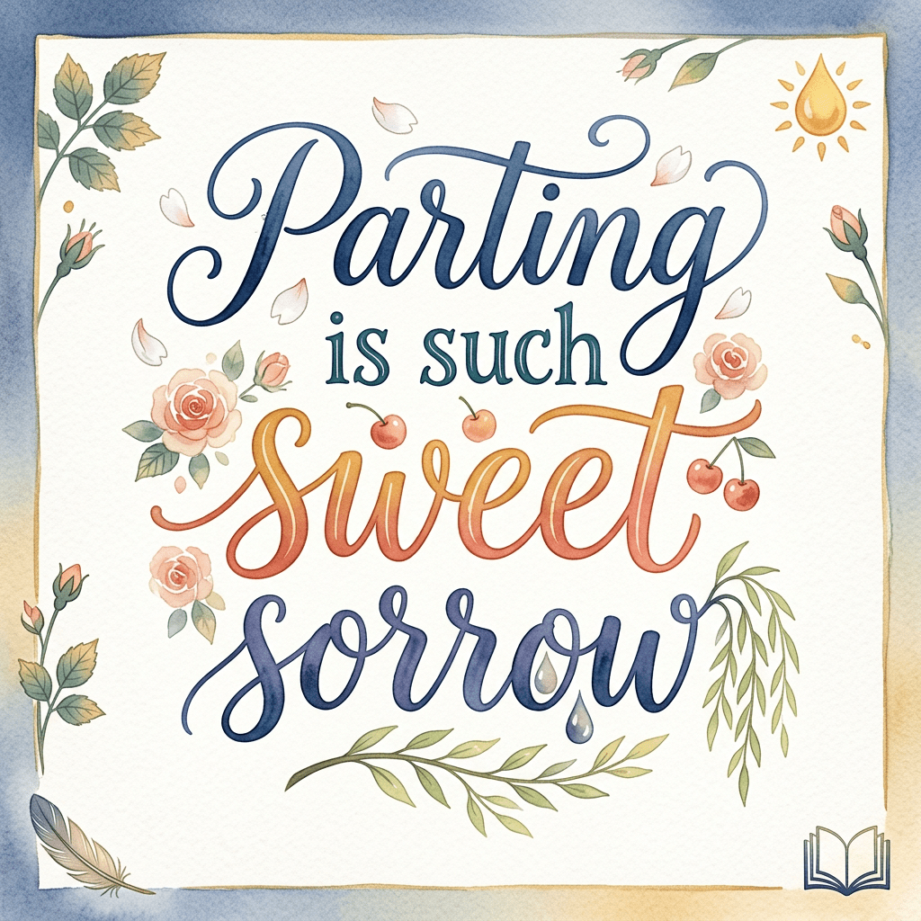 Quote saying 'Parting is such sweet sorrow' decorated with flowers, leaves, cherries, and droplets