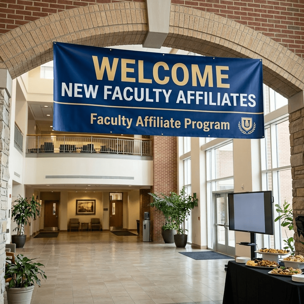 Group of new faculty affiliates engaging in conversation beneath a welcome banner