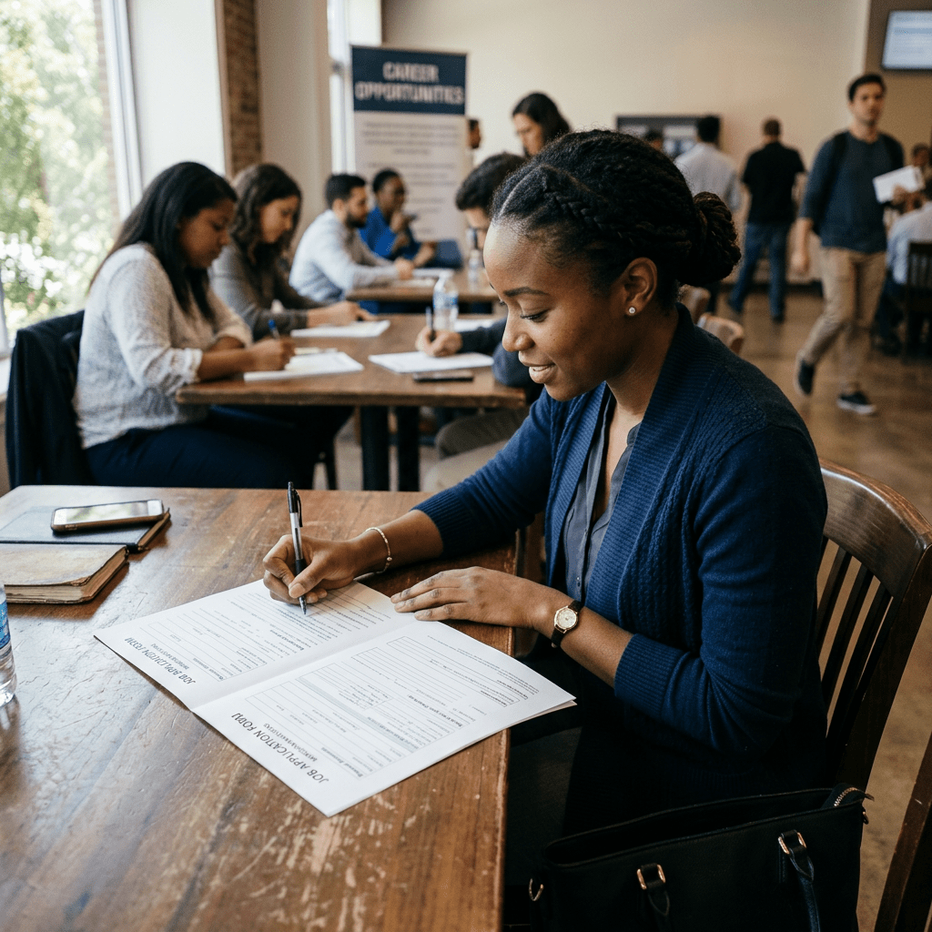 Woman filling out a job application form at a career event with other applicants in the background